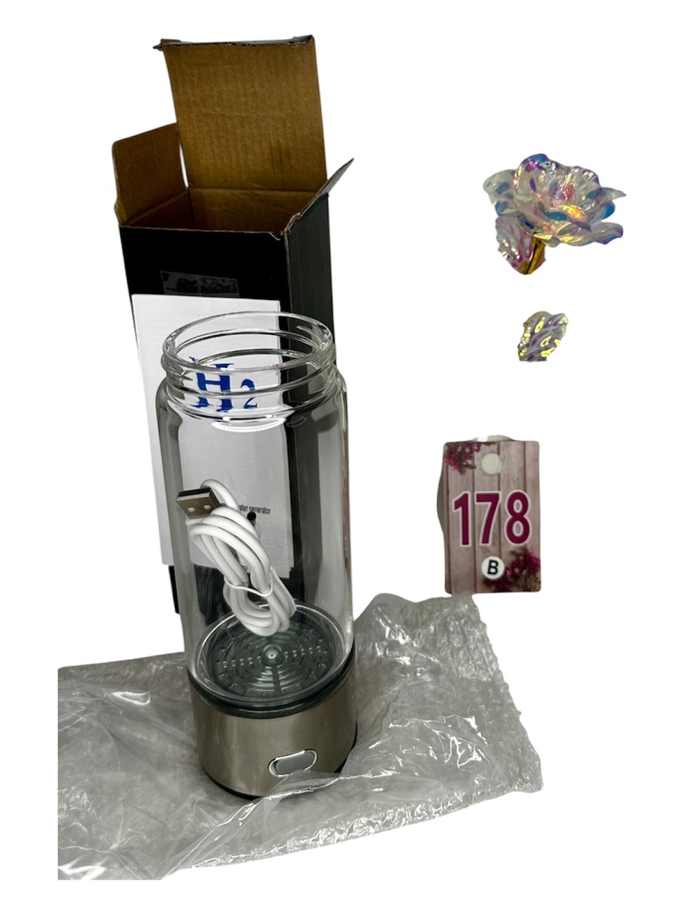 NIB H2O Portable USB Glass Water Bottle / Hydrogen Generator - Silver and Clear